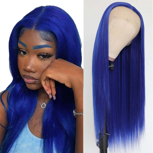 Long Straight Blue Lace Front Wig for Women with Natural Hairline