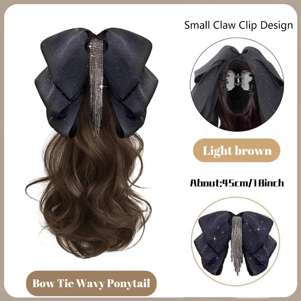 Wavy Bow Claw Clip Ponytail Extension for Effortless Volume