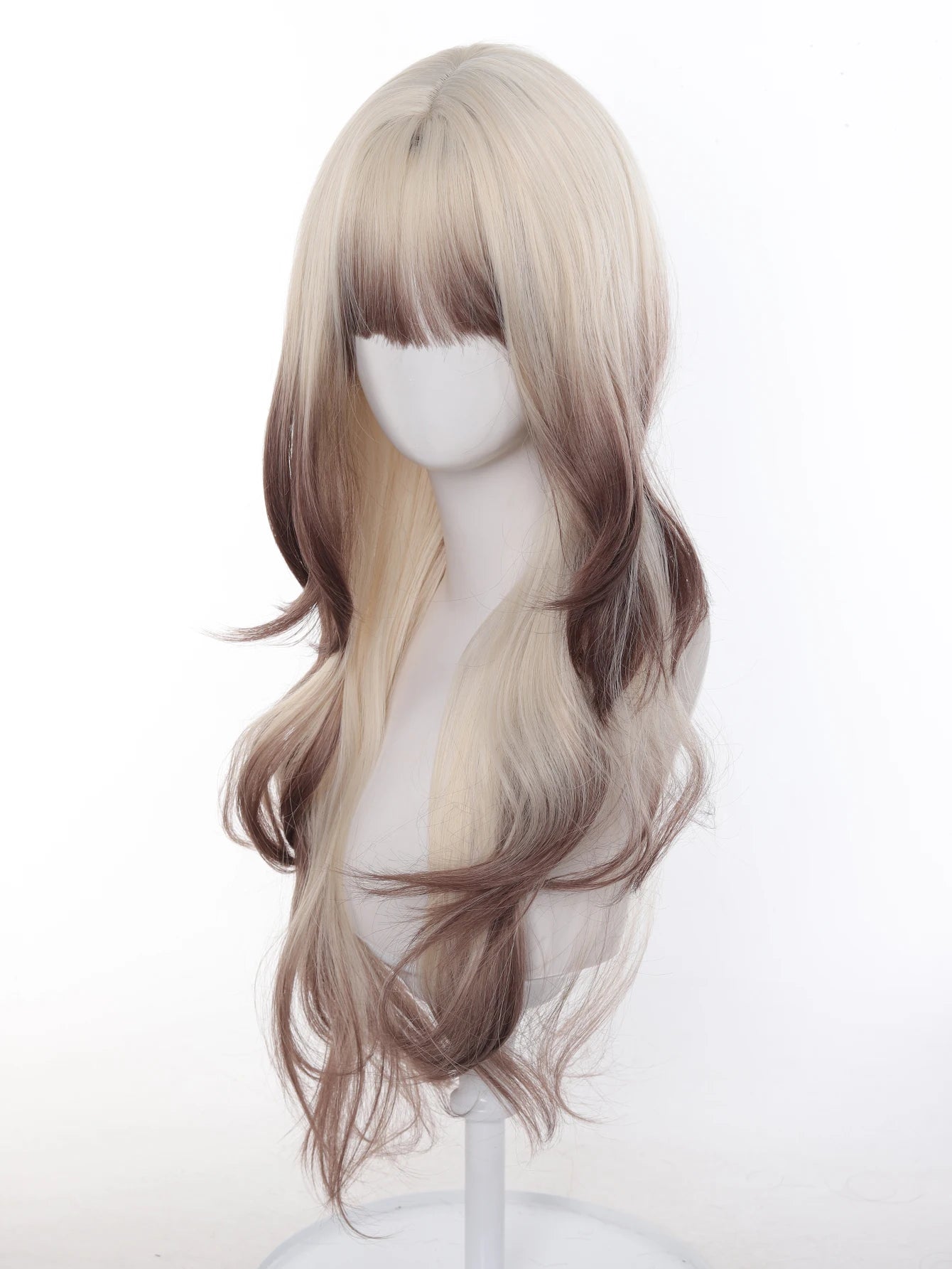 Long Ombre Blonde and Brown Synthetic Wig with Bangs for Daily Wear - 11
