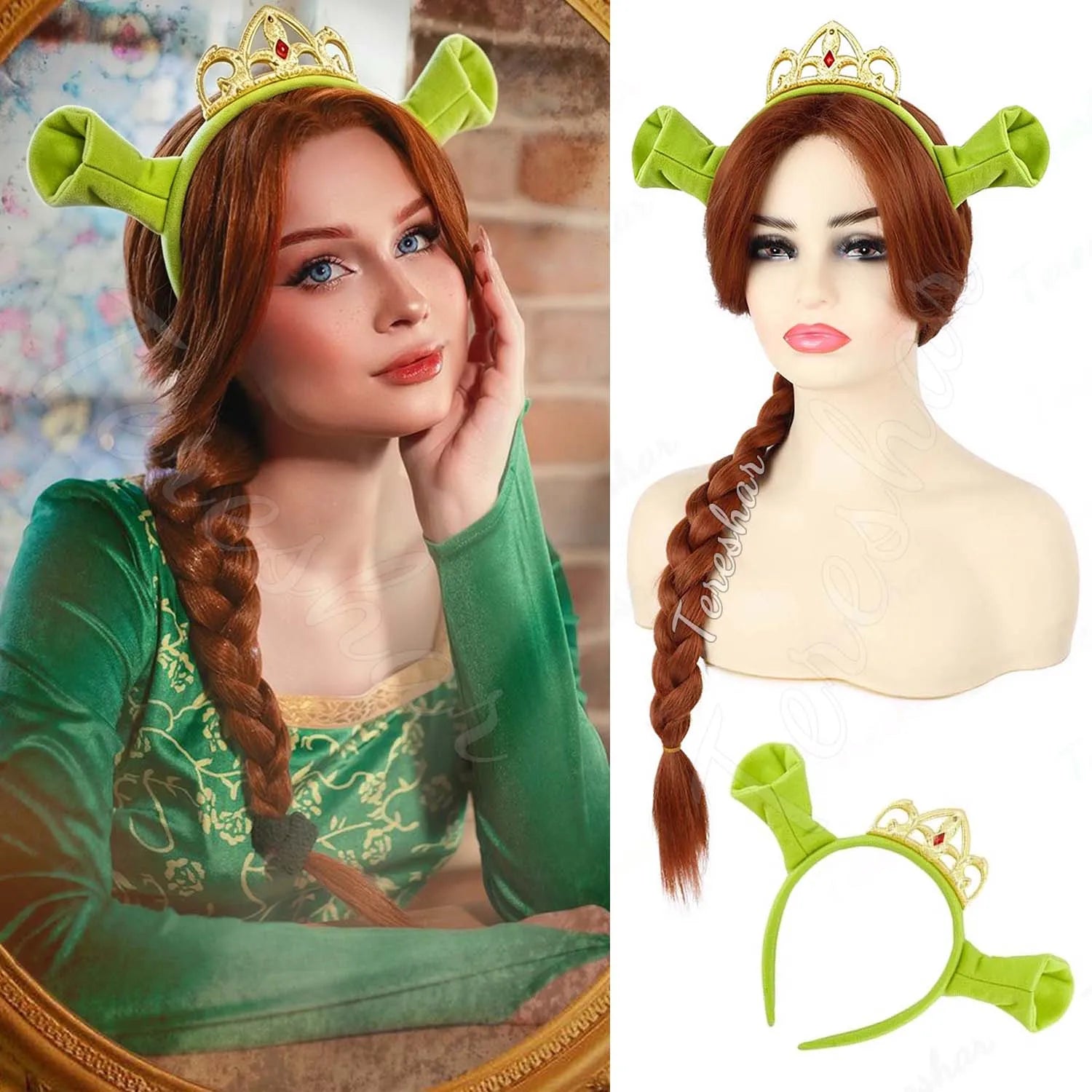 Reddish Brown Braided Costume Wig with Ogre Ears and Princess Crown - 1