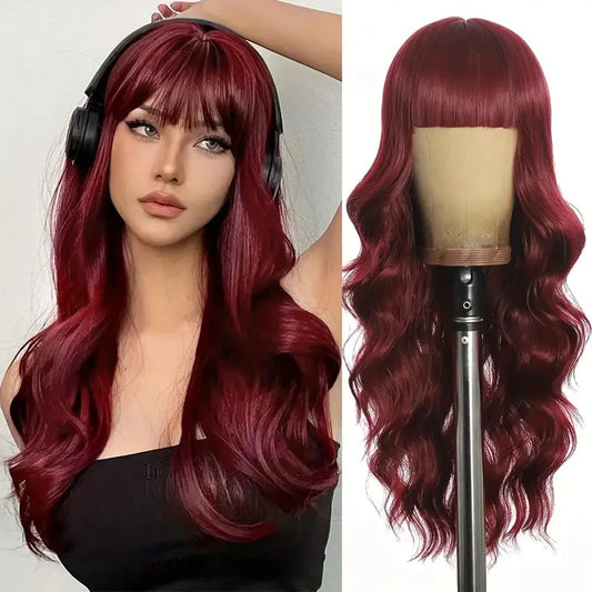 Long Curly Red Wine Synthetic Wig with Bangs