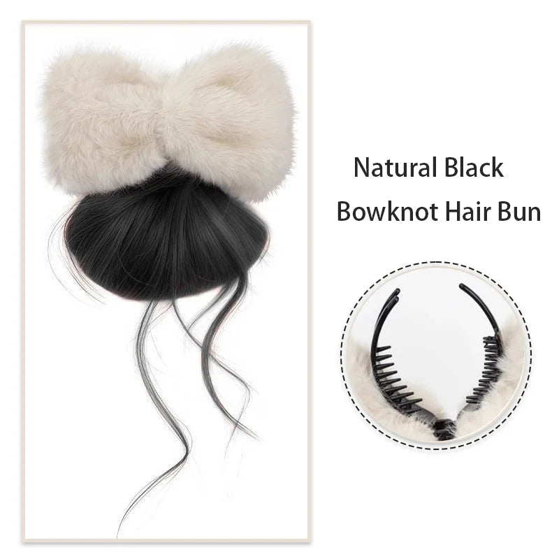 Fluffy Plush Bow Synthetic Hair Bun Extension Clip for Effortless Styling - 9