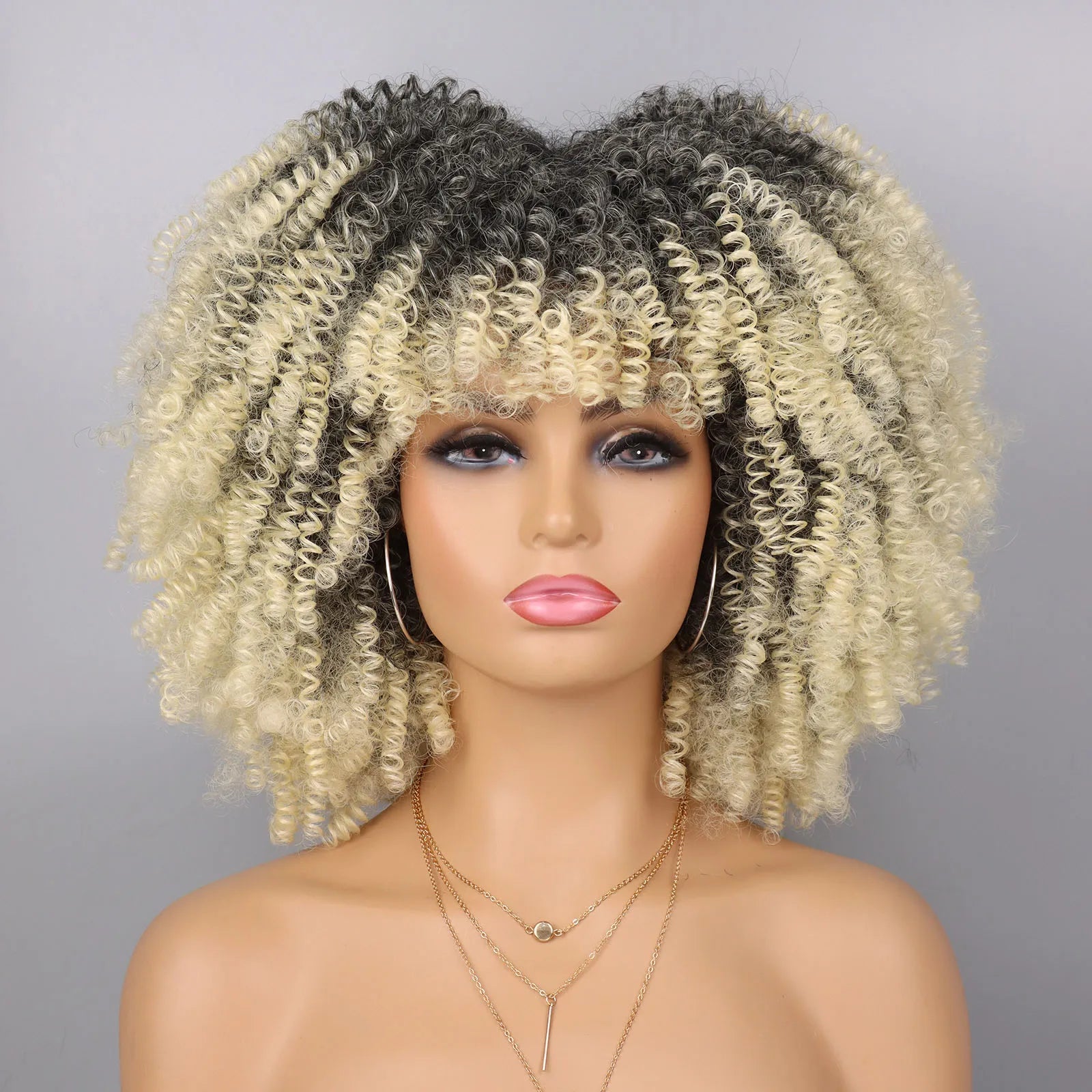Short Kinky Curly Afro Wig with Bangs for Daily Wear - 19