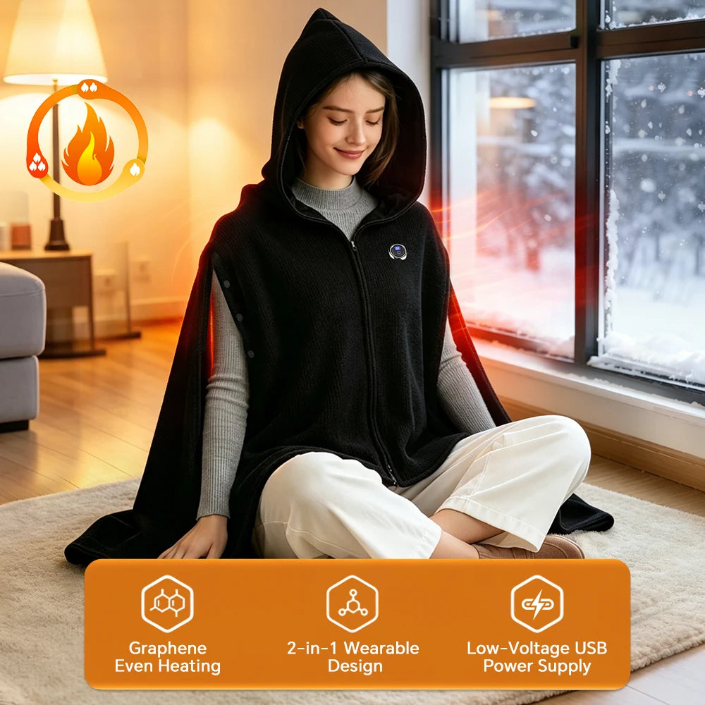USB Powered Graphene Heated Hooded Shawl for Home and Office Comfort - 7