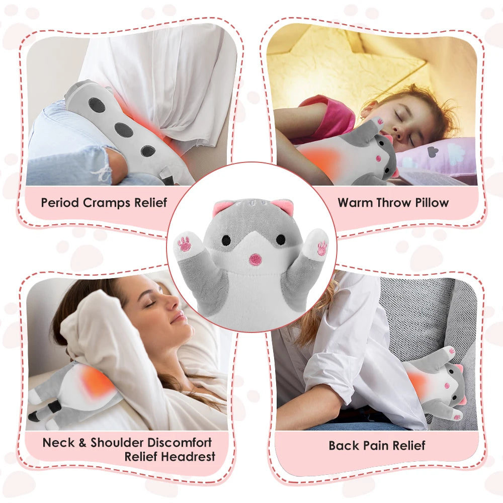 USB Heated Cat Plush Pillow with 5 Heat Settings and Timer for Comfort