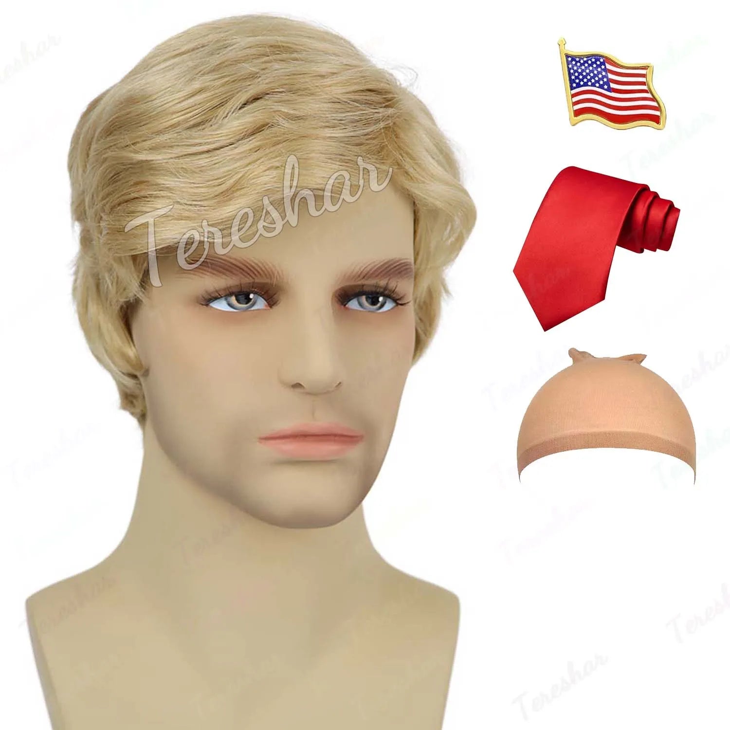 Blonde Pixie Cut Costume Wig with Red Tie and Flag Pin for Men Cosplay - 12