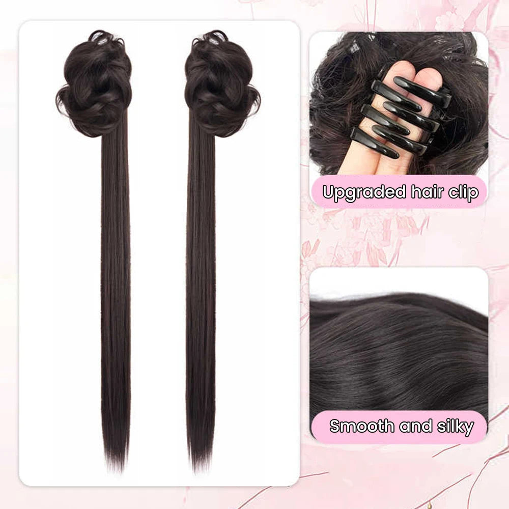 Clip-in Claw Ponytail Extension with Messy Bun for Elegant Hairstyles - 9