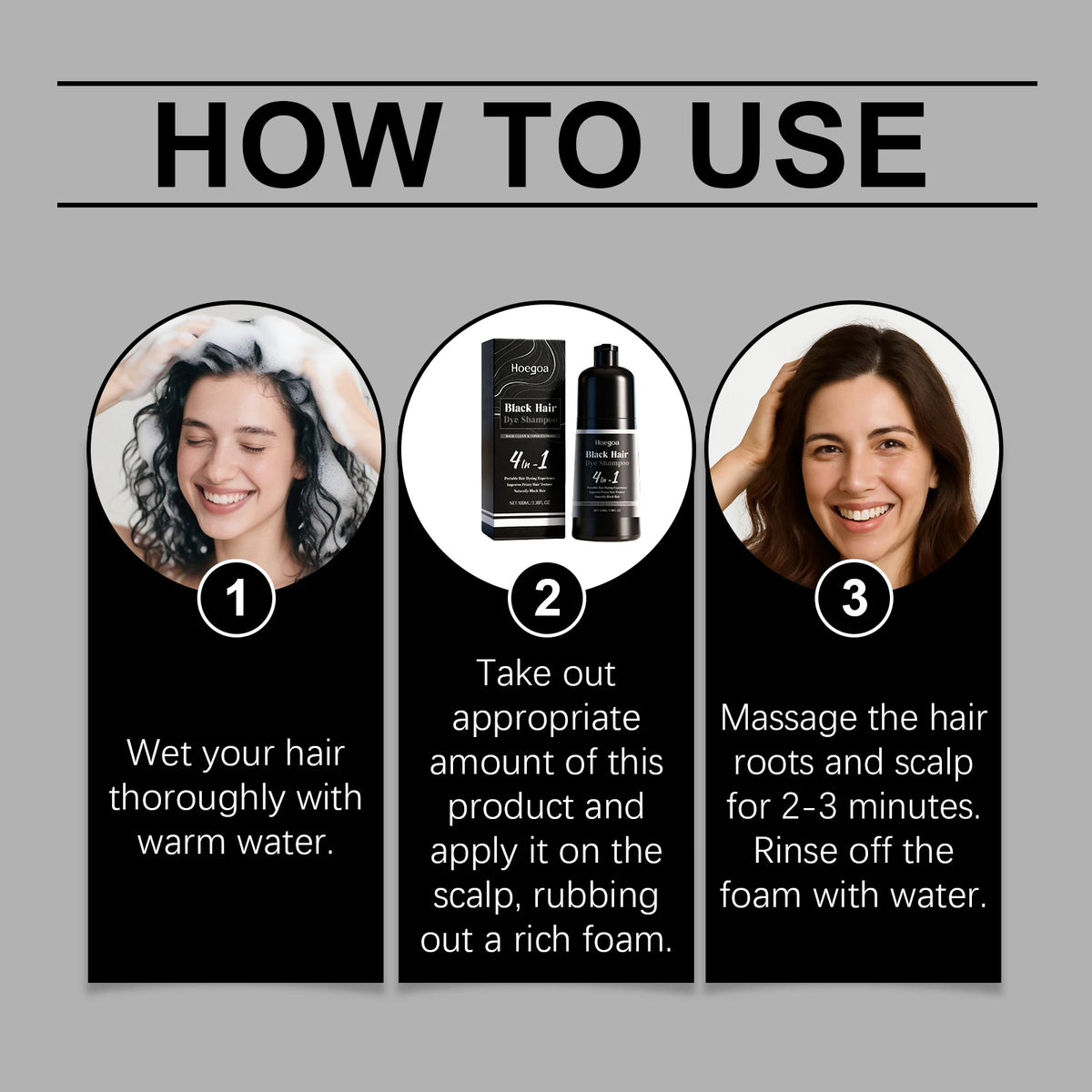 4-in-1 Instant Black Hair Dye Shampoo for Gray Coverage