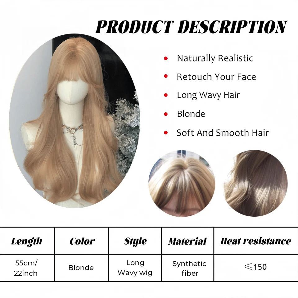 Long Wavy Ash Blonde Synthetic Wig with Bangs - 2