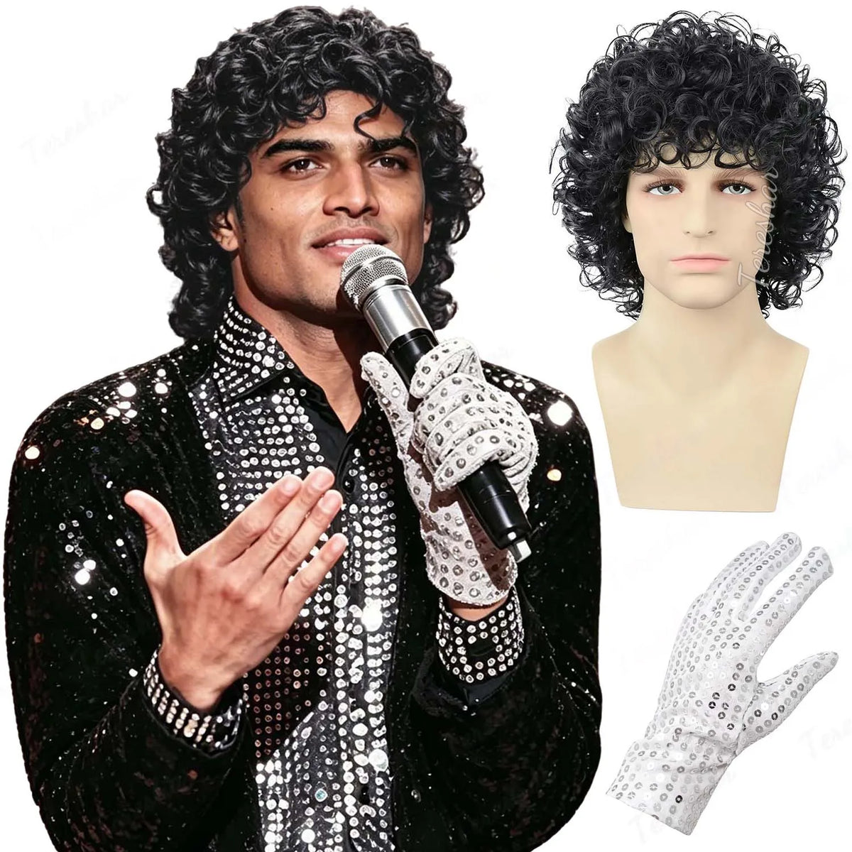 Mens Retro Curly Rocker Wig with Sequin Glove for Parties and Cosplay