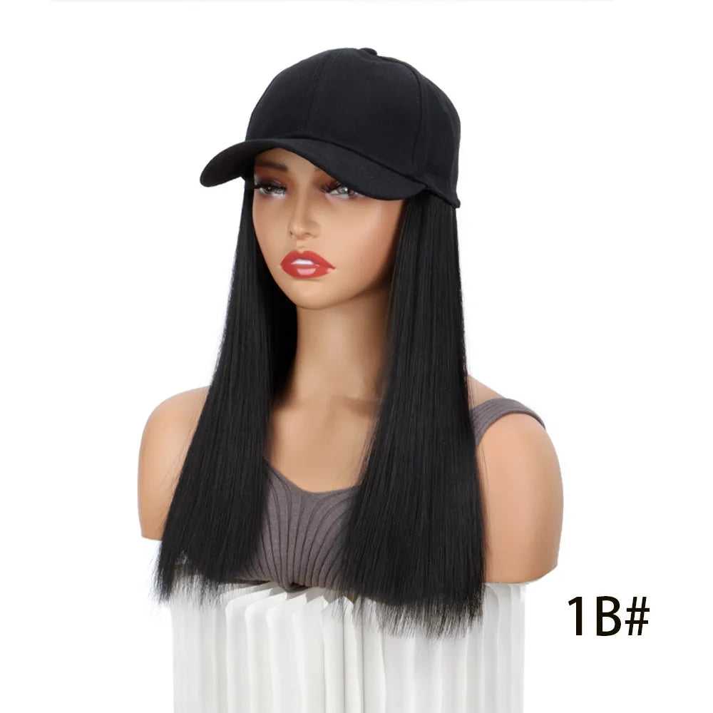 Adjustable Baseball Cap with Attached Long Straight Hair Extension - 17