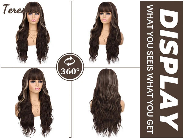 Long Wavy Synthetic Wig with Bangs for Daily Use and Parties