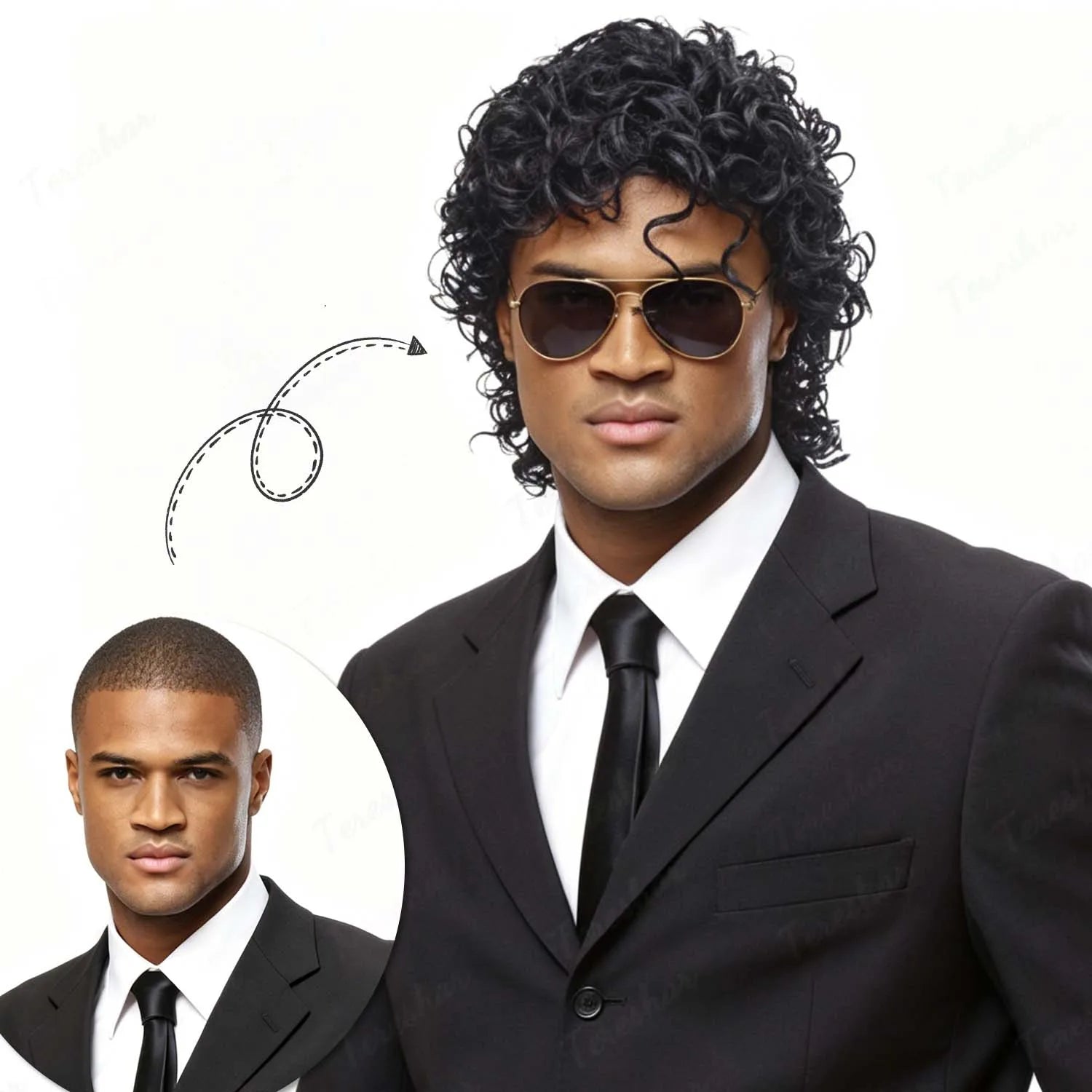 Black Curly Rocker Mullet Wig with Retro Glasses for Costume Parties - 10