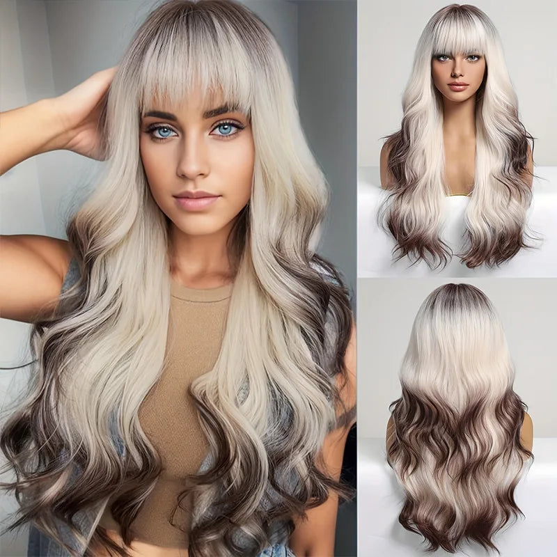 Long Wavy Ombre Blonde Pink Wig with Bangs