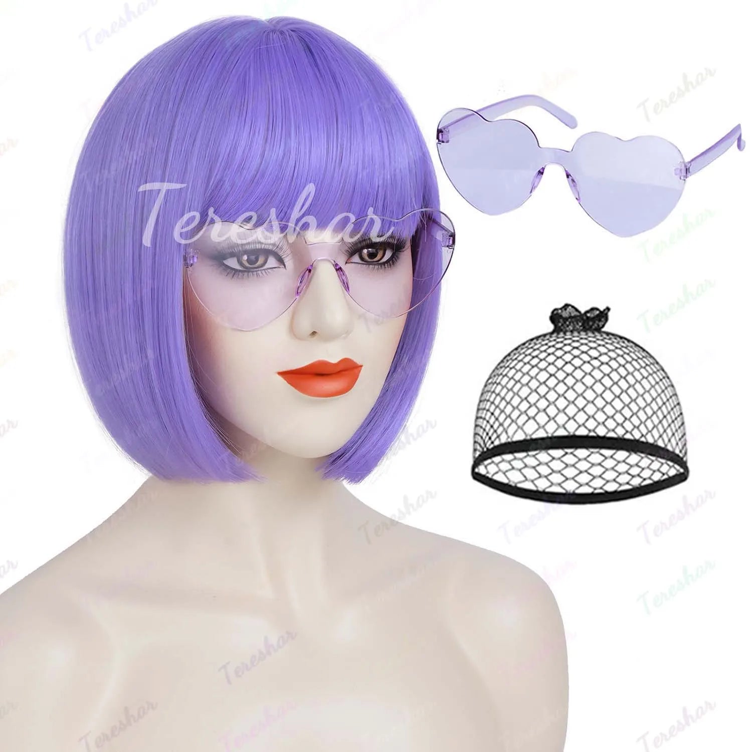 Short Straight Bob Wig with Heart Sunglasses for Parties and Cosplay - 14