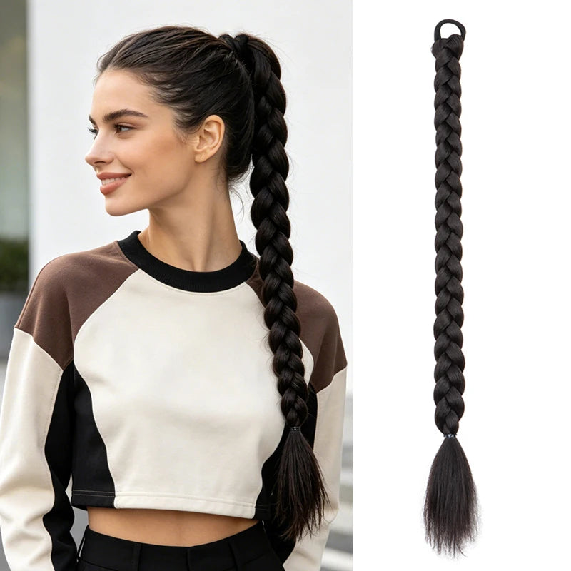 24-Inch Long Braided Ponytail Extension with Elastic Band