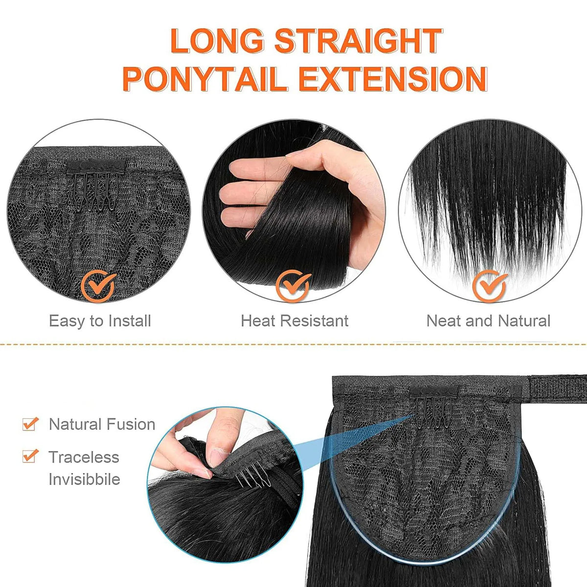 24 Inch Long Straight Wrap Around Ponytail Hair Extension for Women