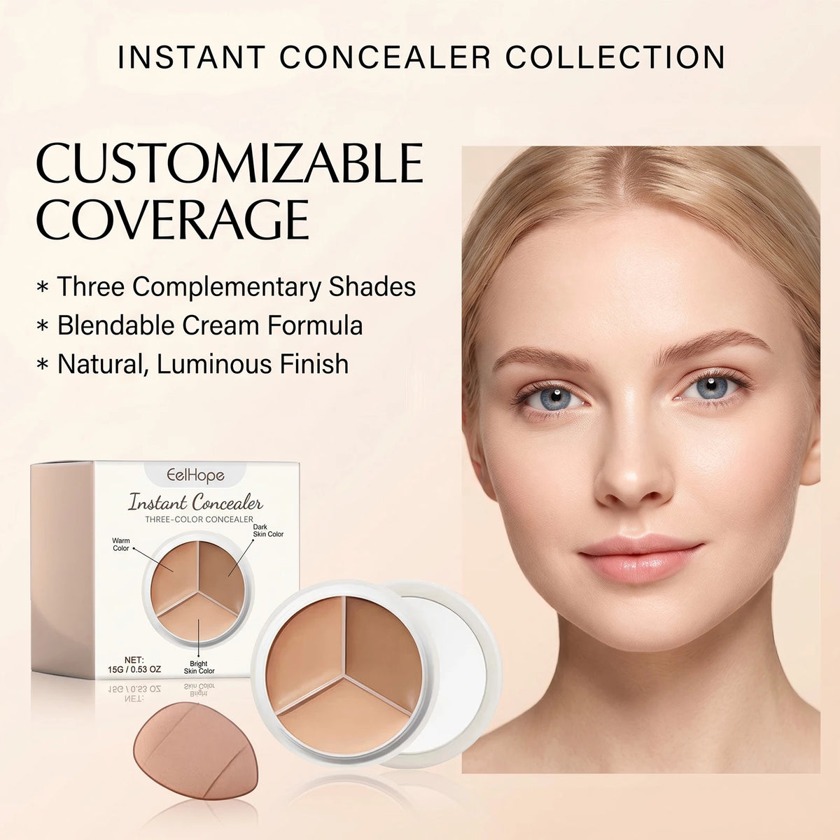3-Color Cream Concealer Palette for Dark Circles and Blemish Coverage