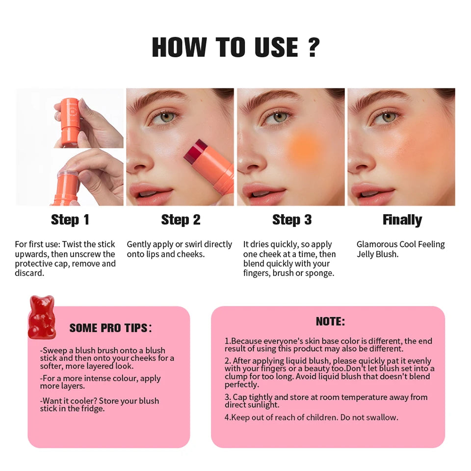 Cooling Water Jelly Blush Stick for Long Lasting Natural Lip and Cheek Tint