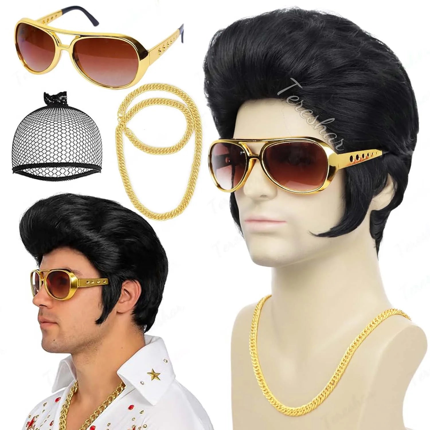 50s Rock Star Costume Wig with Glasses and Necklace Set - 12