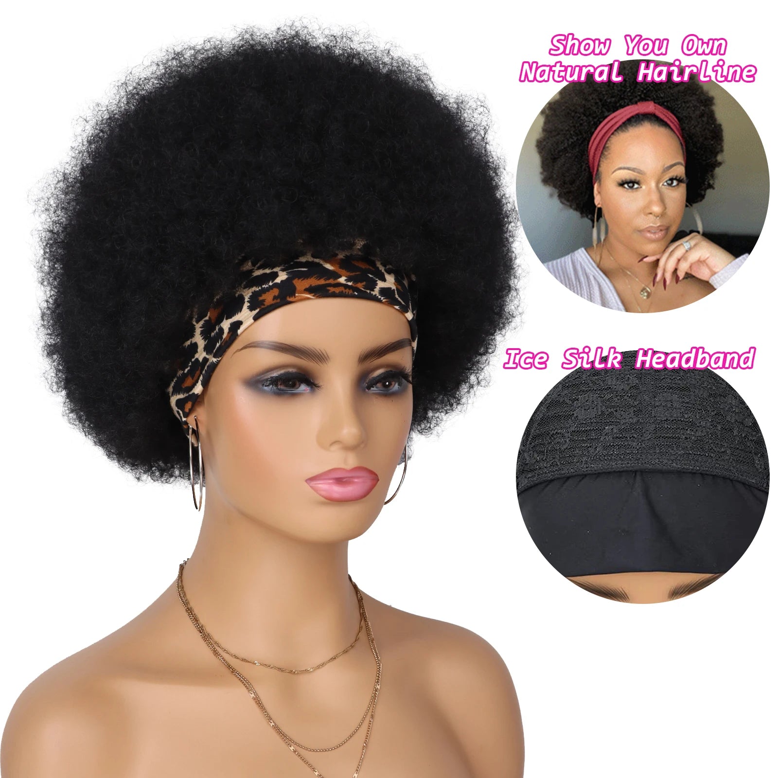 Short Kinky Curly Afro Puff Headband Wig for Daily Use - 3