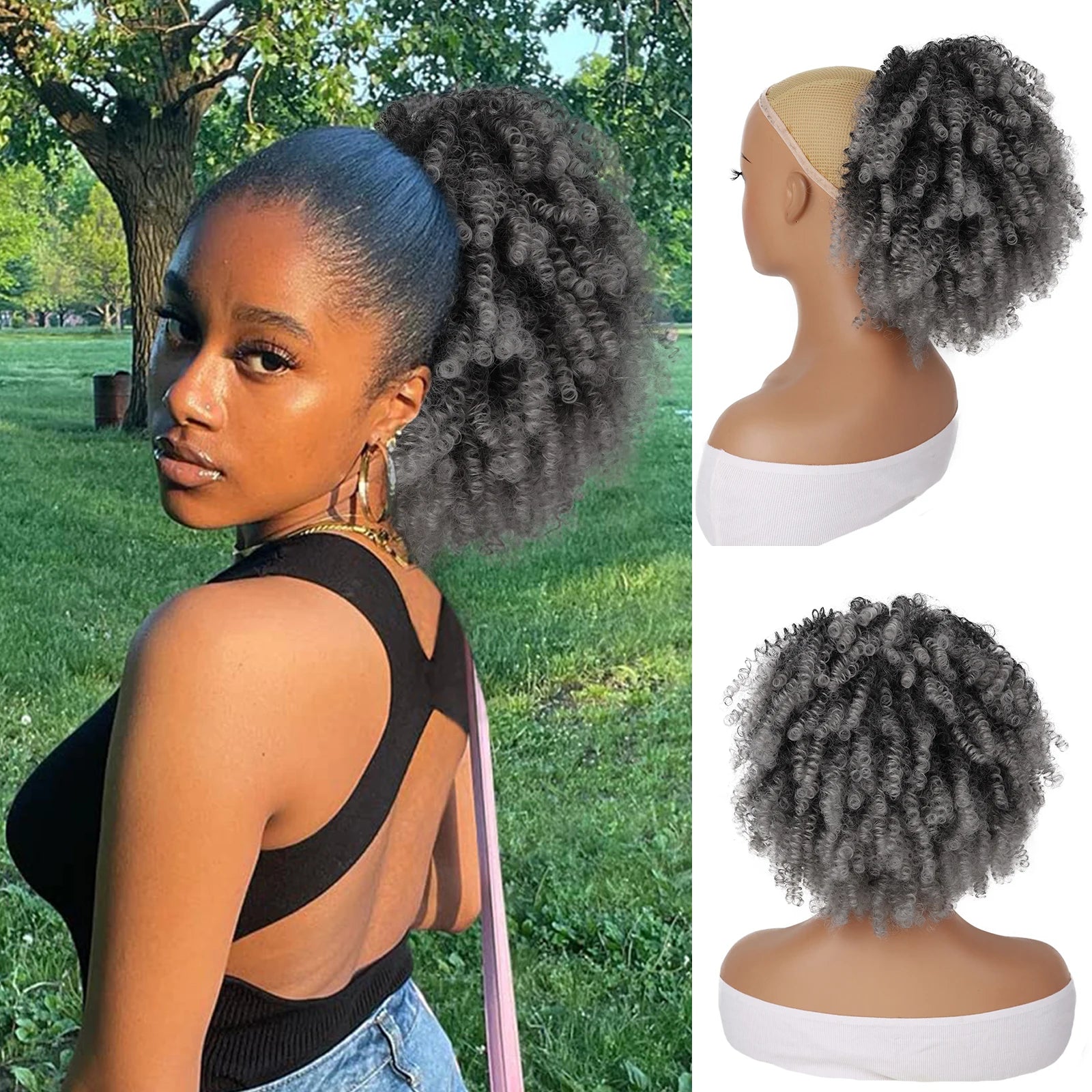 Short Kinky Curly Afro Ponytail Extension with Drawstring and Clips - 13