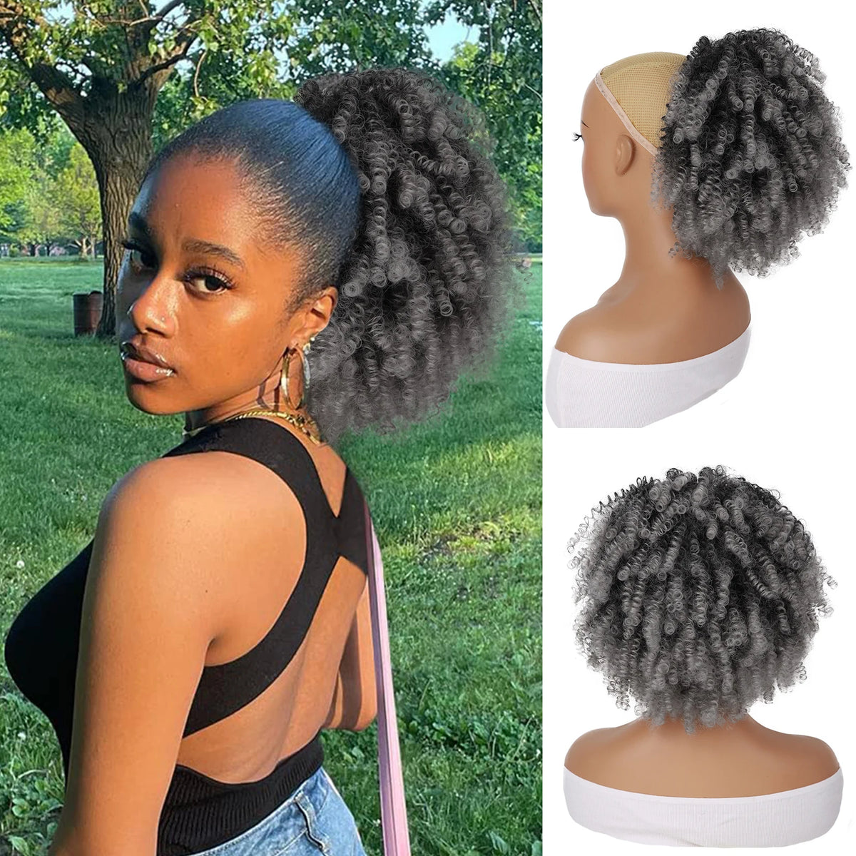 Short Kinky Curly Afro Ponytail Extension with Drawstring and Clips
