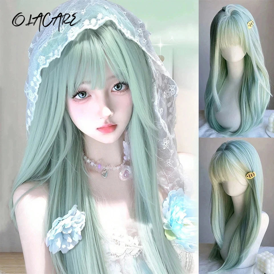 Long Wavy Ombre Blonde Pink Wig with Bangs - 33