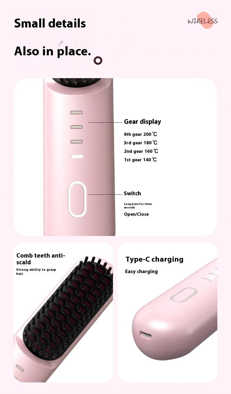 Fast Heating Cordless Hair Straightening Brush for Smooth Frizz-Free Hair