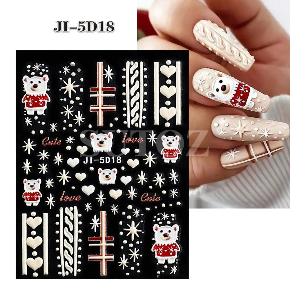 5D Embossed Christmas Nail Art Stickers for Winter Holiday Manicures