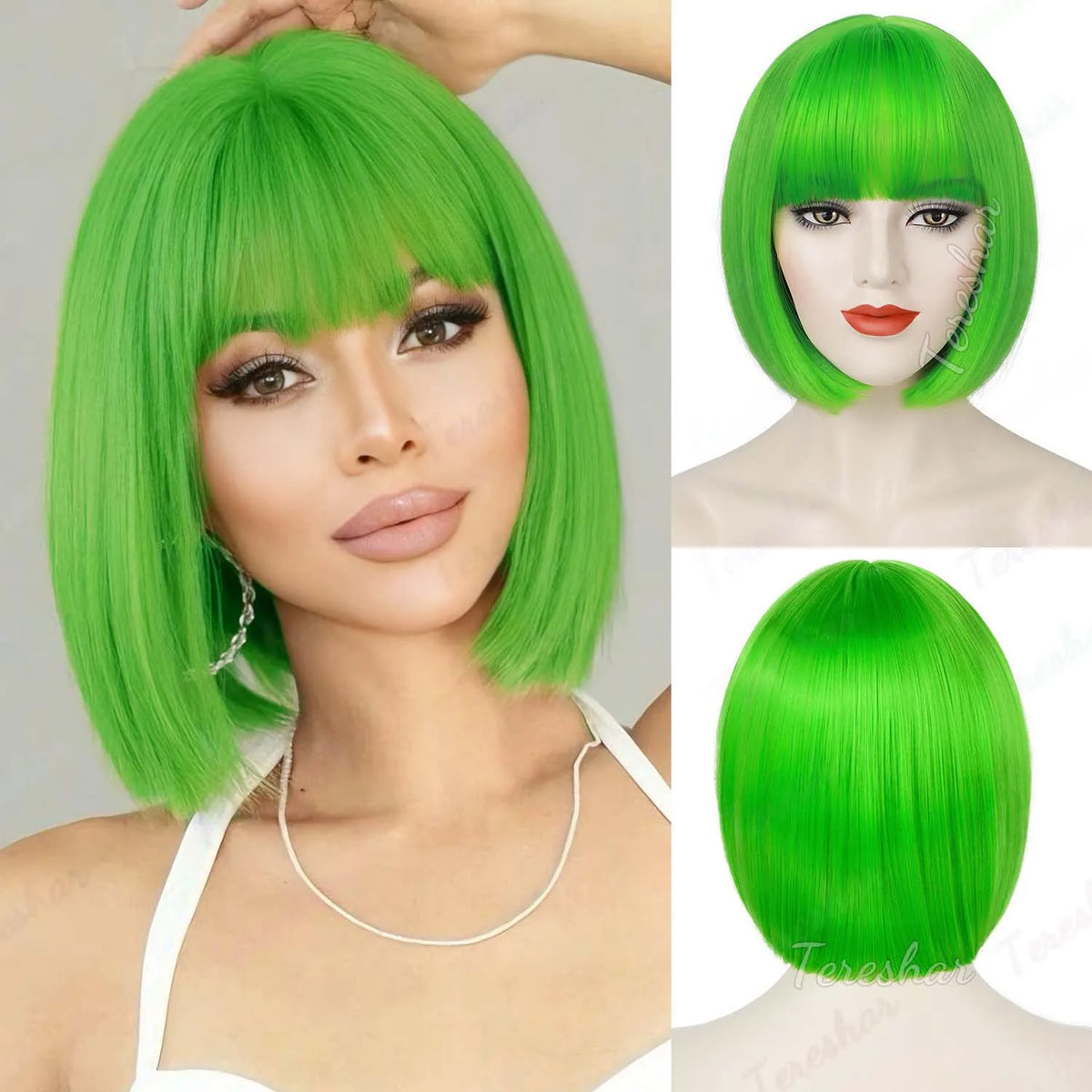 Short Straight Bob Synthetic Wig with Natural Bangs for Daily Wear