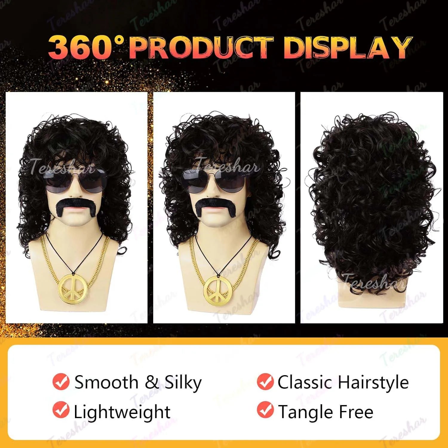 80s Rocker Curly Wig Set with Mustache Glasses and Gold Chain for Men - 3