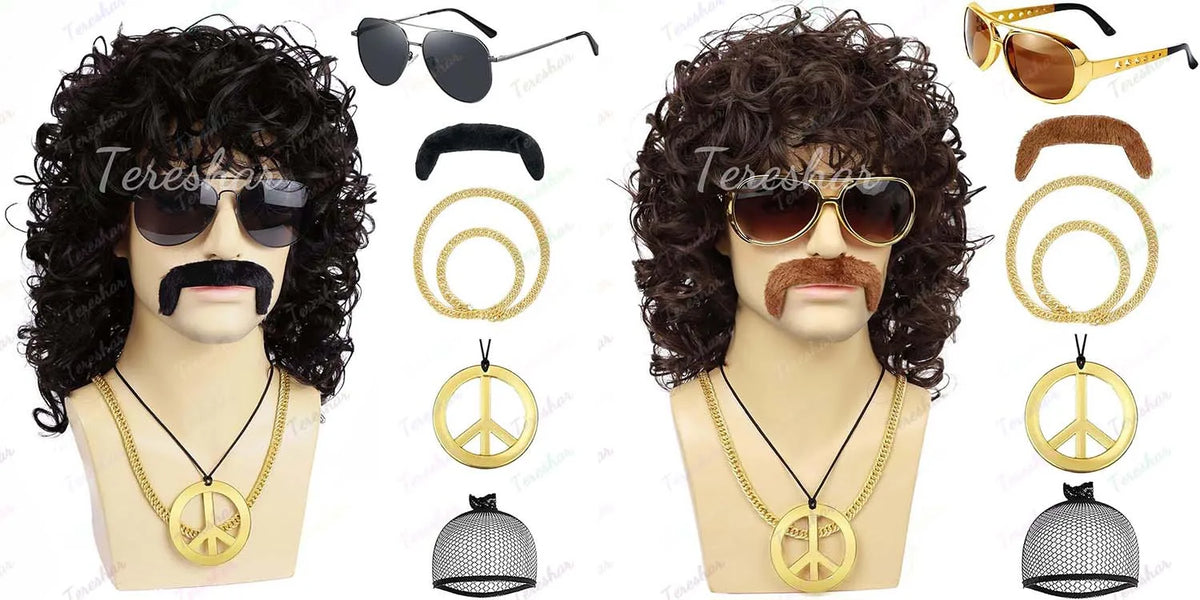 80s Rocker Curly Wig Set with Mustache Glasses and Gold Chain for Men