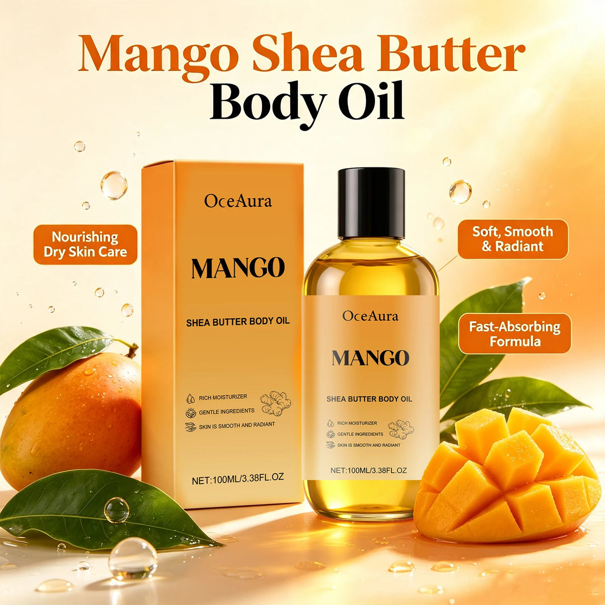 Mango Shea Butter Body Oil for Deep Skin Hydration and Smoothing Rough Skin