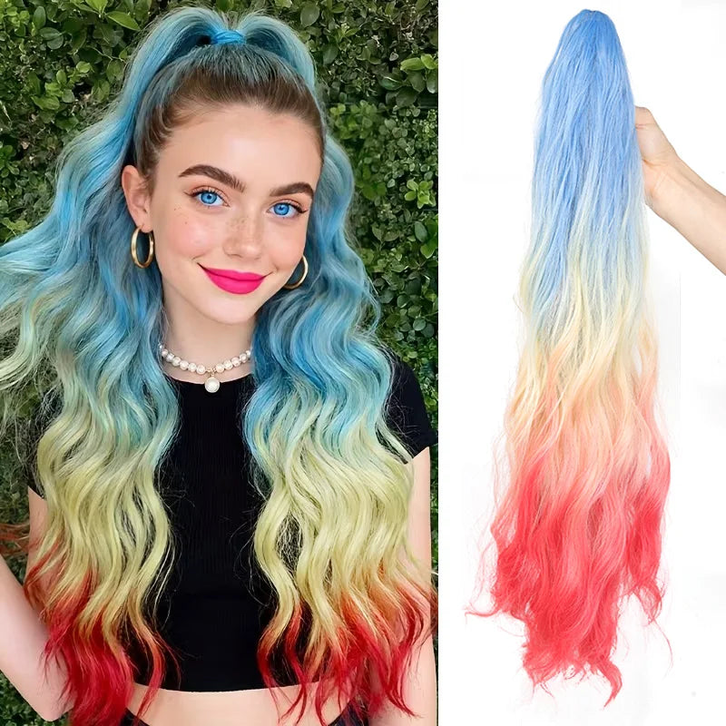 Rainbow Gradient Wavy Ponytail Hair Extension for Instant Volume