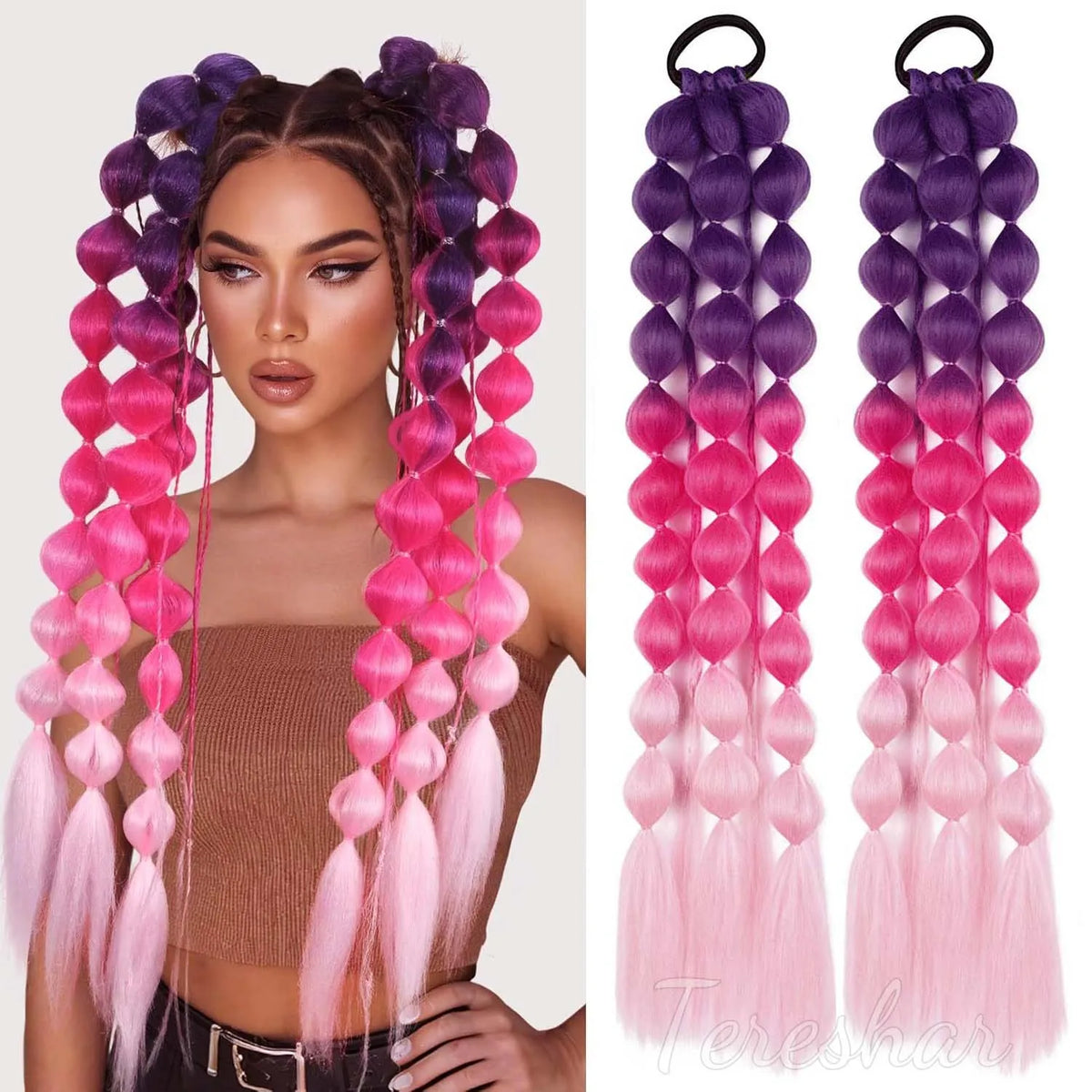 2-Piece Colored Bubble Ponytail Extensions for Festivals and Parties