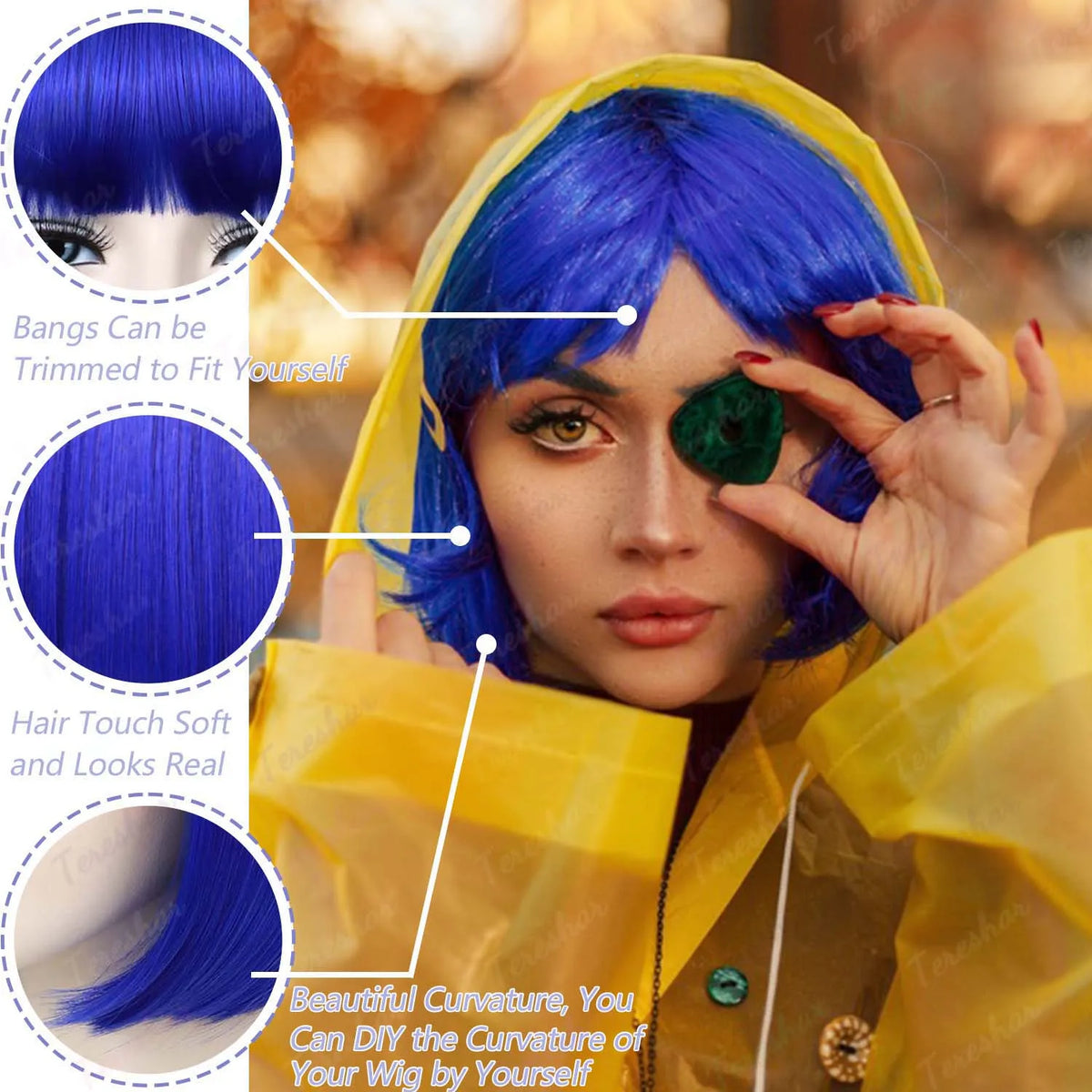 Dark Blue Bob Cosplay Wig Set with Dragonfly Hairpin and Key Necklace