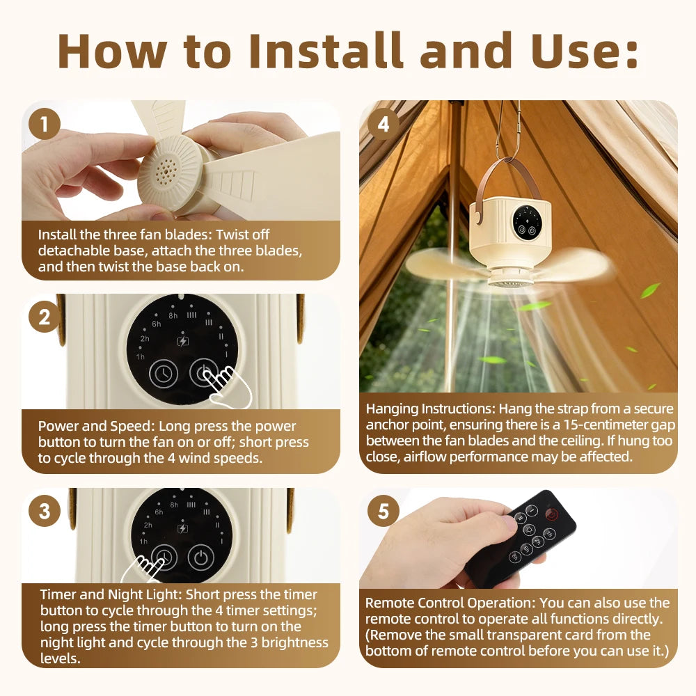 Portable Rechargeable Ceiling Fan with LED Light and Remote Control - 13