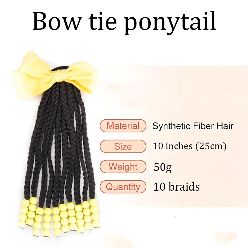Yellow Bow Braided Ponytail Extension with Beads for Kids
