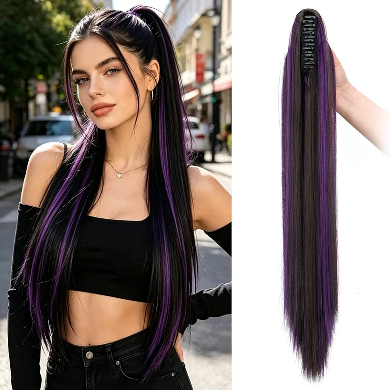 24-Inch Long Straight Highlight Ponytail Claw Clip Extension