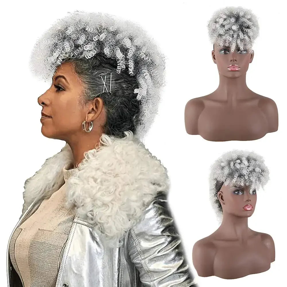Short Afro Kinky Curly Synthetic Ponytail with Bangs for Daily Hair Styling - 11