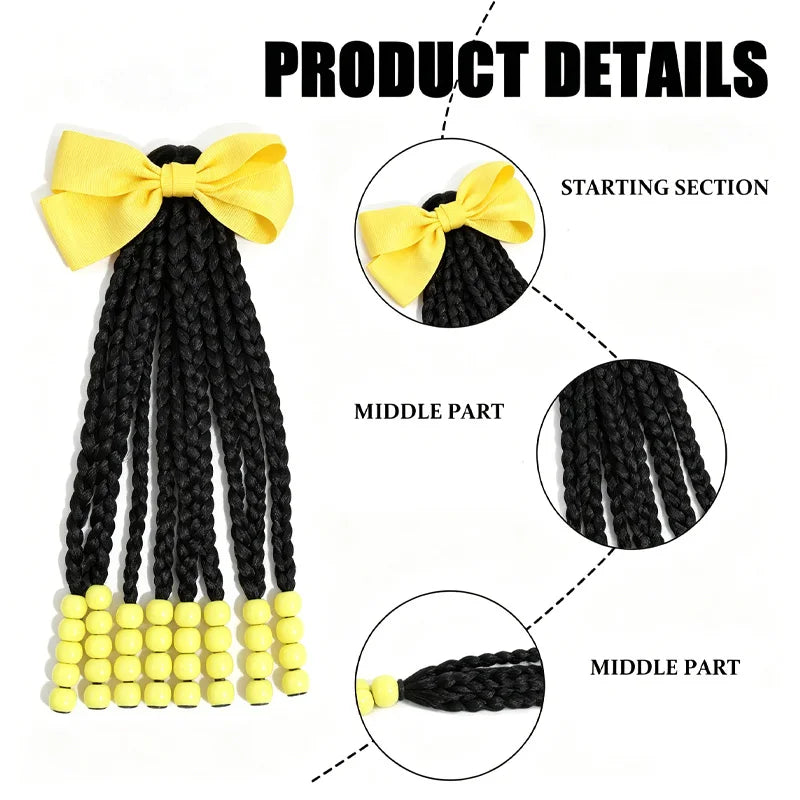 Yellow Bow Braided Ponytail Extension with Beads for Kids - 3