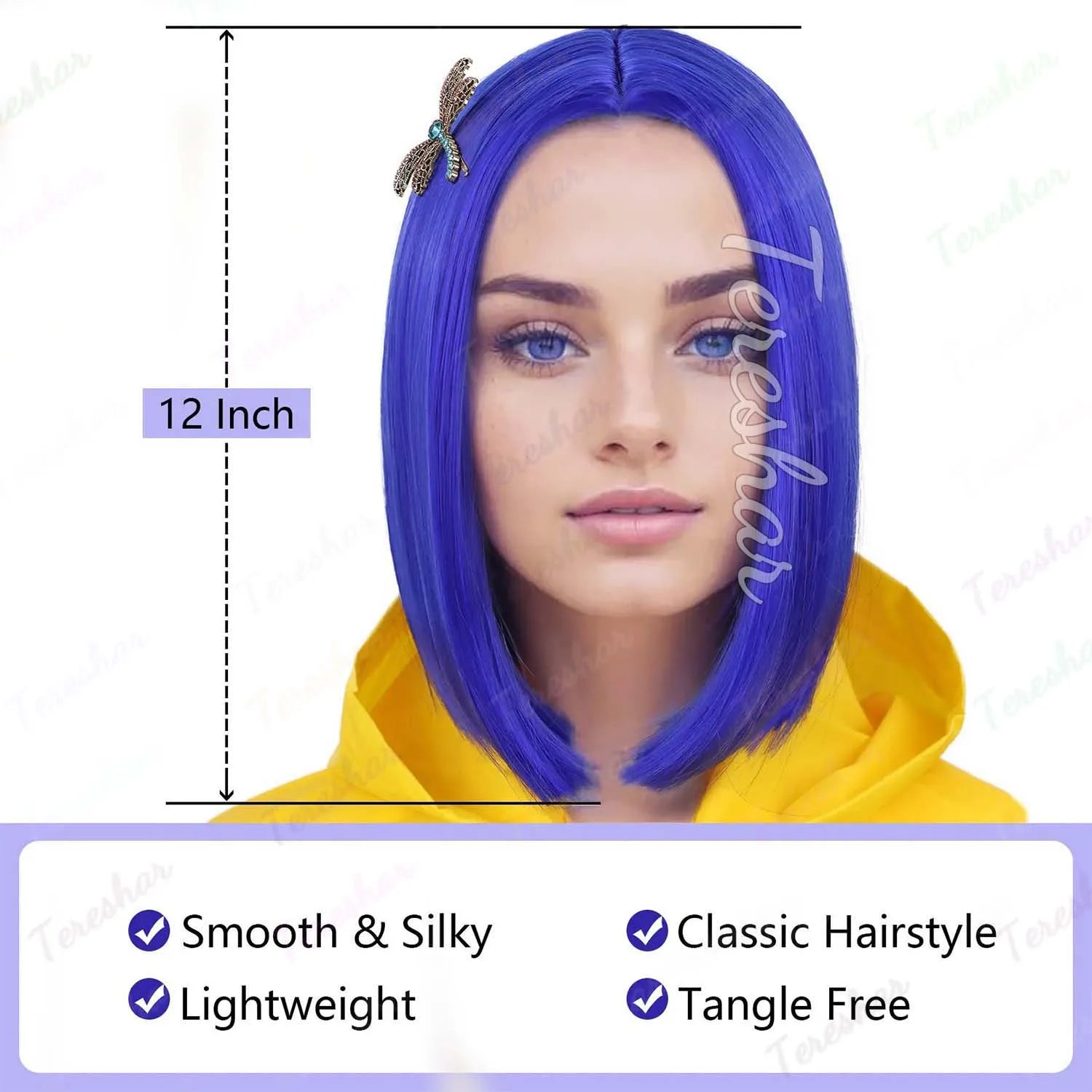 Short Blue Bob Wig with Hairpin and Necklace for Cosplay and Costume - 9