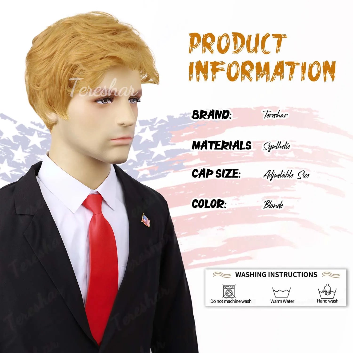 Blonde Pixie Cut Costume Wig with Red Tie and Flag Pin for Men Cosplay - 3