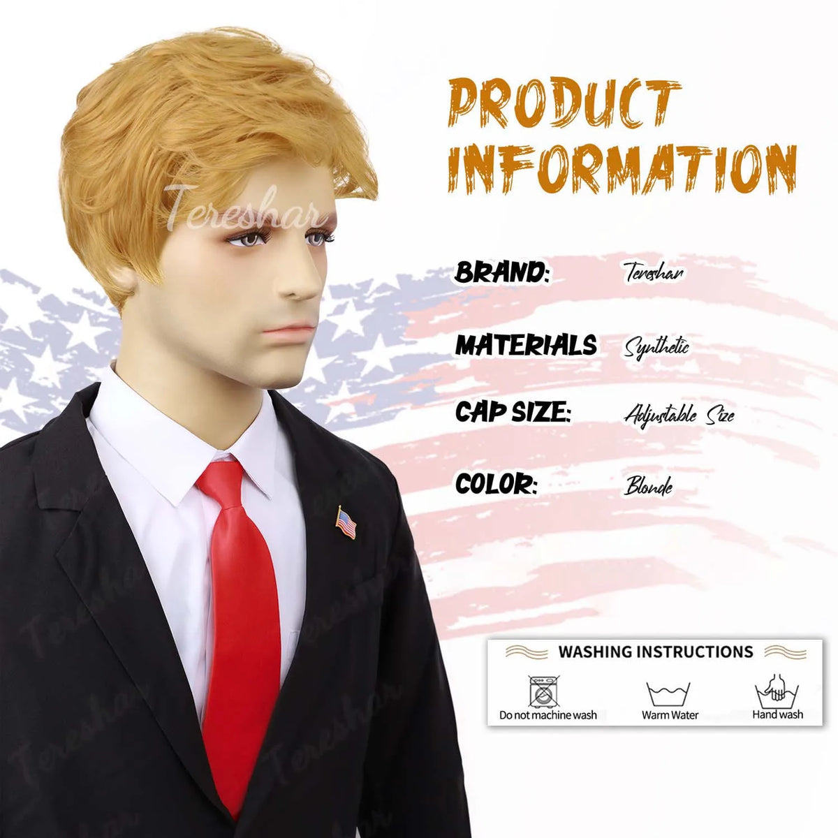 Blonde Pixie Cut Costume Wig with Red Tie and Flag Pin for Men Cosplay