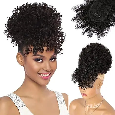 Curly Afro Puff Ponytail Extension with Bangs - 17