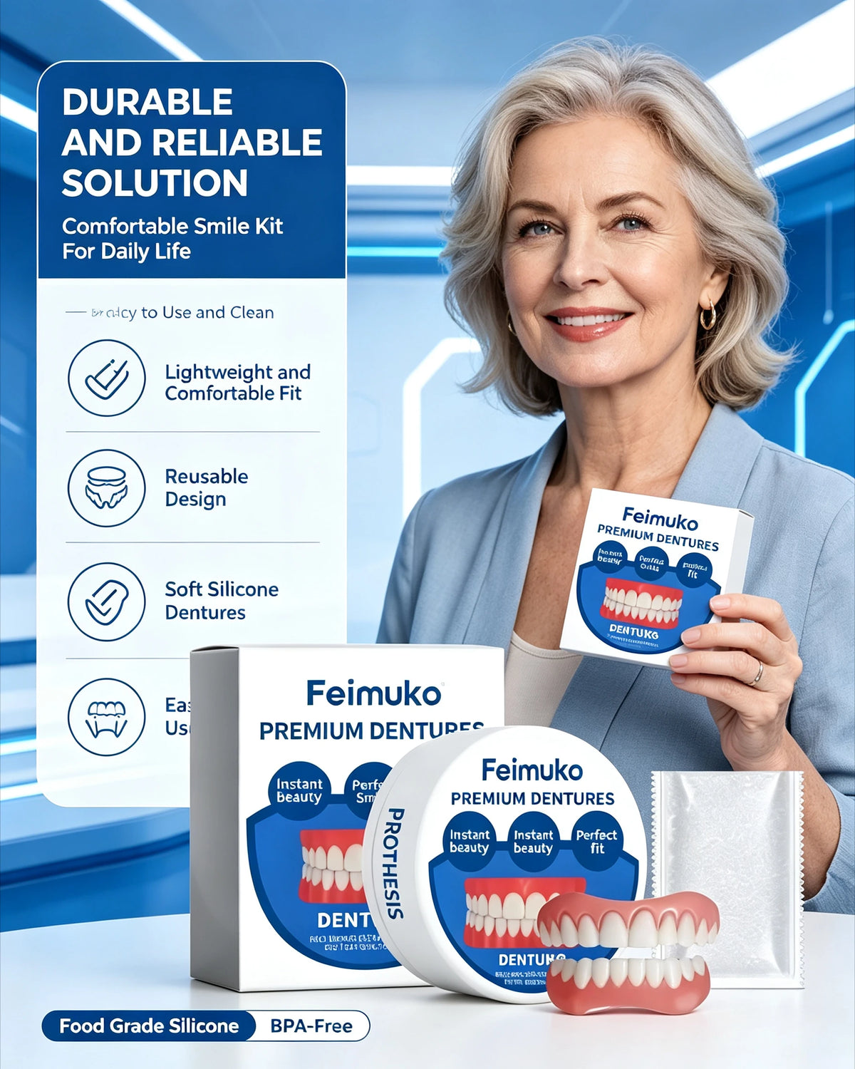 Comfortable Silicone Snap-On Dentures for Natural Smile and Instant Fit