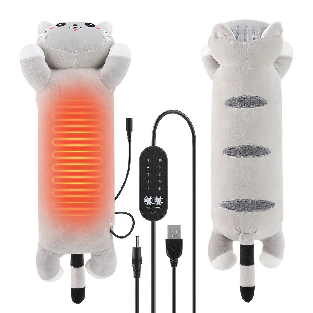 USB Heated Plush Cat Pillow for Menstrual Cramps and Back Pain Relief - 7