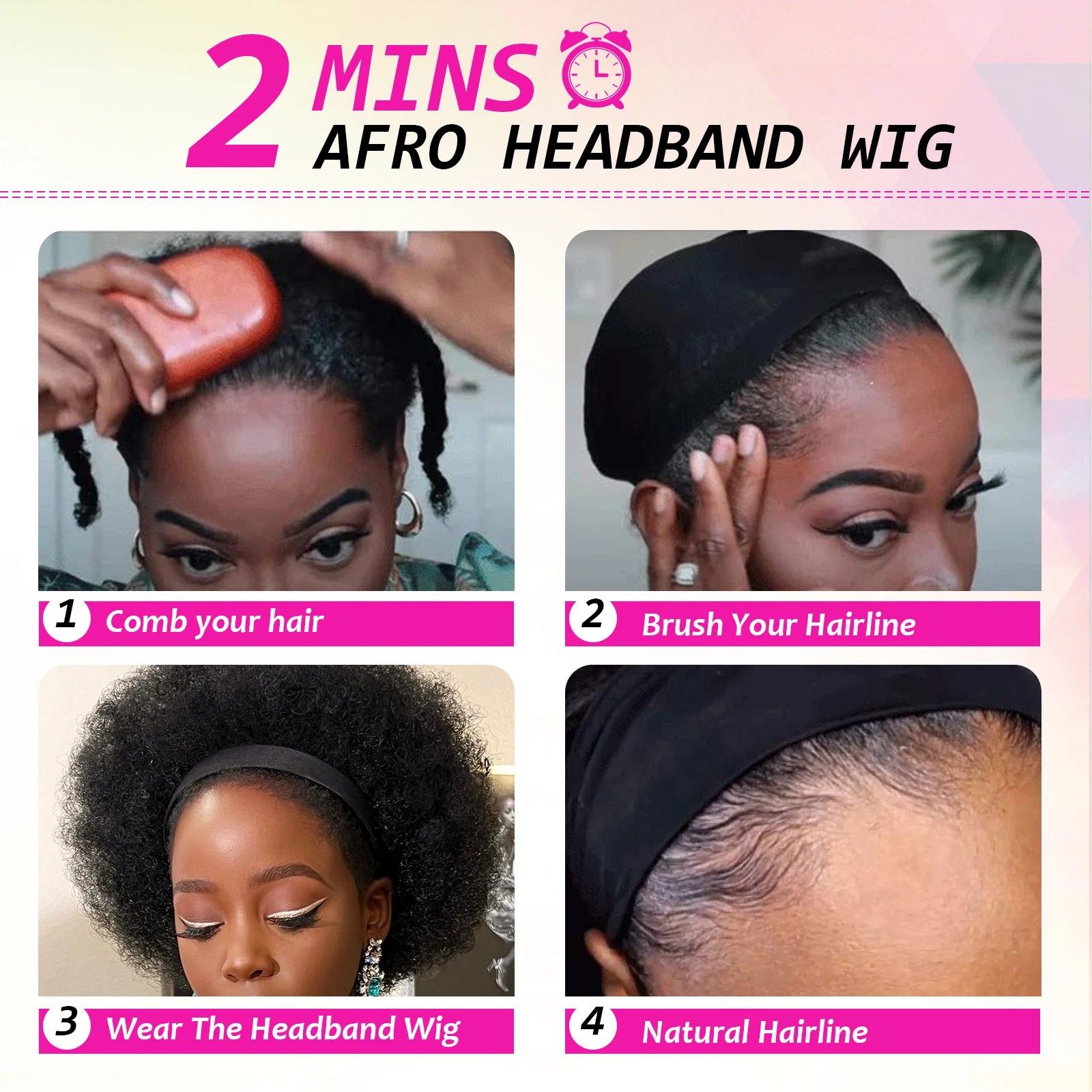 Short Kinky Curly Afro Puff Headband Wig for Daily Use - 4