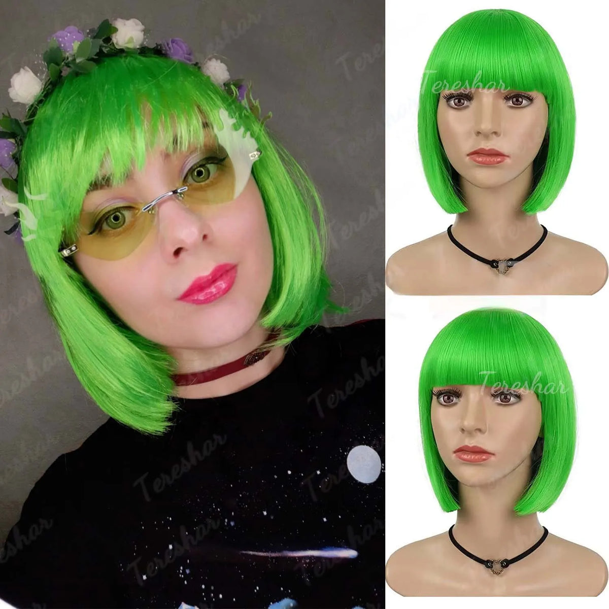 Vibrant Green Synthetic Hair Wig for Costume Parties and Holiday Events